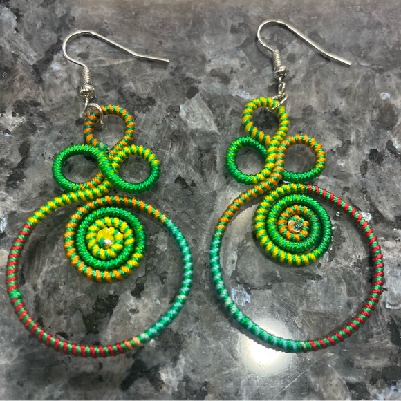 Jewelry - 2/$25 or 3/$35 NWOT Green embroidered eclectic drop earrings